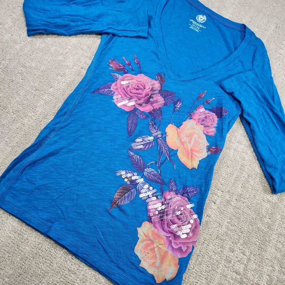 Y2K American Eagle Shirt Women Medium Floral Babydoll V Neck ‎ Blue Sequin